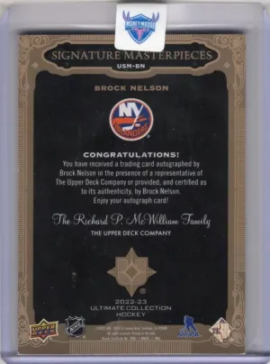 2022-23 UD Ultimate - BROCK NELSON - Auto Gold Ink Signature Masterpieces back